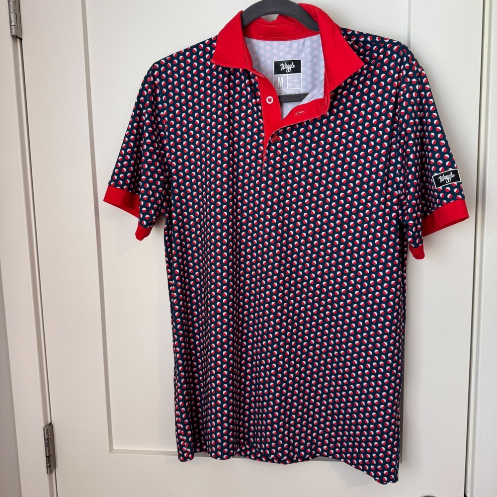 Waggle Golf Mens Bobber Print Performance Polo Shirt Navy Red Size Medium